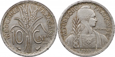 Французский Индокитай. Монета 10 сантимов. 1939 (KM#21.1. XF)