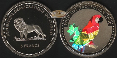 Конго, Д.р. 5 франков. 2000 (Proof. Цветная голограмма)