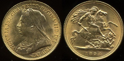Великобритания. 1/2 соверена. 1894 (aUnc. Золото)