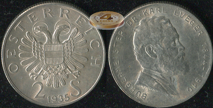 Австрия. 2 шиллинга. 1935 (aUnc/Unc. Серебро)