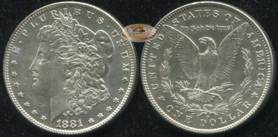 США. 1 доллар. 1881.O (aUnc+. Серебро)