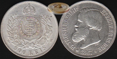 Бразилия. 500 рейс. 1867 (aXF. Серебро)