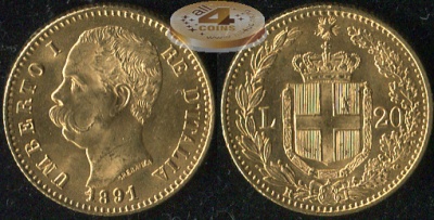 Италия. 20 лир. 1891.R (Unc. Золото)