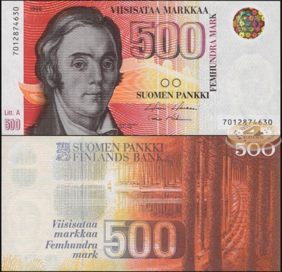 Финляндия. Банкнота 500 финских марок. 1986(1991). Unc. Бумага. Кат.# P.120