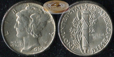 США. 10 центов (Дайм). 1930 (Unc. Серебро)