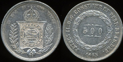 Бразилия. 500 рейс. 1865 (aUnc. Серебро)