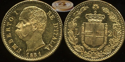 Италия. 20 лир. 1881 (Unc. Золото)