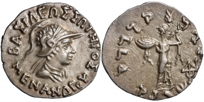 Индо-греческое царство. Менандр I. Драхма. aUnc/XF серебро. 165-130 до н.э.
