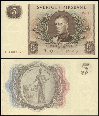 Швеция. Банкнота 5 крон. 1961. Unc. Бумага. Кат.# P.42f