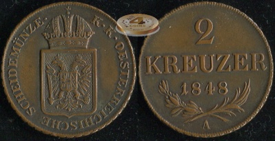Австрийская империя. 2 крейцера. 1848A (aUnc/XF+)