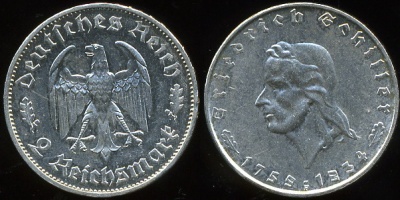 Германия (3й рейх). 2 рейхсмарки. Шиллер. 1934 (F) (aUnc. Серебро) 