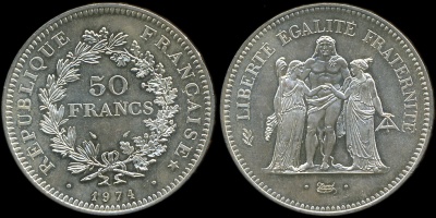 Франция. 50 франков. 1974 (aUnc) Серебро