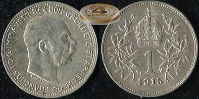 Австро-Венгрия (Австрия). 1 крона. 1915 (XF/aUnc. Серебро)