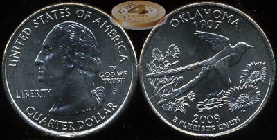 США. Квотер (25 центов). 2008.P (Unc) Оклахома 