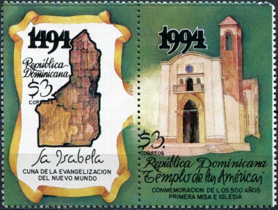 Доминиканская республика. 1994. 500 лет первой церкви в Доминиканской Республике (Сцепка. MNH OG)