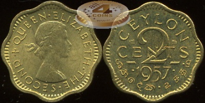 Цейлон британский. 2 цента. 1957 (Unc)