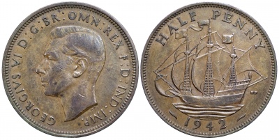Великобритания. Монета 1/2 пенни. 1942 (KM#844. XF)