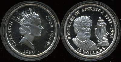 О-ва Кука. 10 долларов. 1990 (Unc. Серебро)