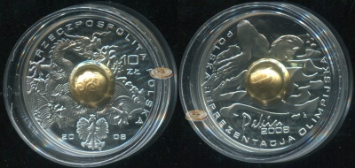 Польша. 10 злотых. 2008 (Proof. Серебро, центр - "объемный мяч" - позолота)
