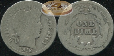 США. 10 центов (Дайм). 1916 (AG. Серебро)