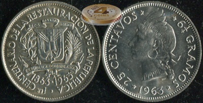 Доминиканская республика. 25 центаво. 1963 (Unc. Серебро)