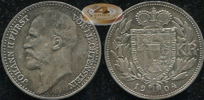 Лихтенштейн. 1 крона. 1904 (aUnc. Серебро)