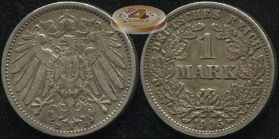 Германия [Кайзер Райх]. 1 марка. 1905.D (XF. Серебро)