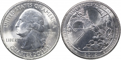 США. Монета 25 центов [Квотер]. 2015.S (KM#599. Unc) Blue Ridge Parkway [North Carolina]