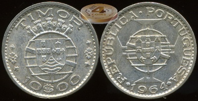 Тимор (португальский). 10 эскудо. 1964 (VF+. Серебро)