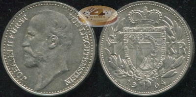 Лихтенштейн. 1 крона. 1904 (XF/aUnc. Серебро)