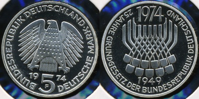 Германия (ФРГ). 5 марок. 1974 F (Proof) Серебро