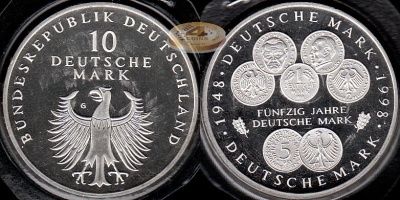 Германия (ФРГ). 10 марок. 1998 G (Proof. Серебро)