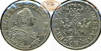 Германия (Шлузин-Пруссия). 3 крейцера. 1754 B (XF. Серебро)