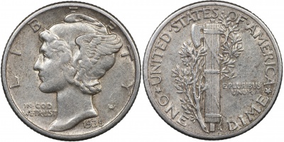 США. Монета 10 центов [Дайм]. 1935 (KM#140. XF. Серебро) Winged Liberty (Mercury) dime