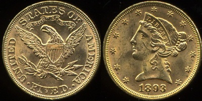 США. 5 долларов. 1893 (aUnc/Unc. Золото)