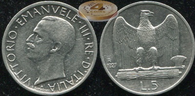 Италия. 5 лир. 1927 (XF+. Серебро)