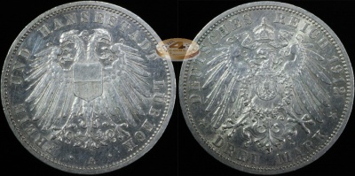 Германия (Любек). 3 марки. 1912 A (XF+. Серебро)