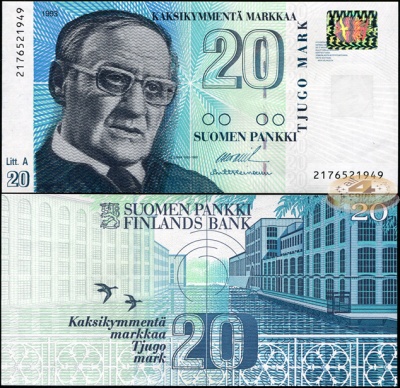 Финляндия. Банкнота 20 финских марок. 1993(1997). Unc. Бумага. Кат.# P.123a