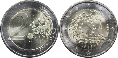 Латвия Монета 2 евро. 2015 (Unc. Биметалл) 30 лет флагу Европы
