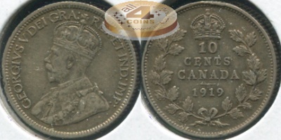 Канада. 10 центов. 1919 (VF. Серебро)