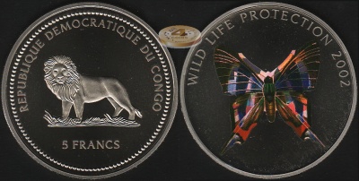 Конго, Д.р. 5 франков. 2002 (Proof. Цветная голограмма)
