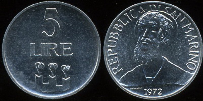 Сан-Марино. 5 лир. 1972 (Unc)