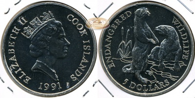 О-ва Кука. 5 долларов. 1991 (Unc)