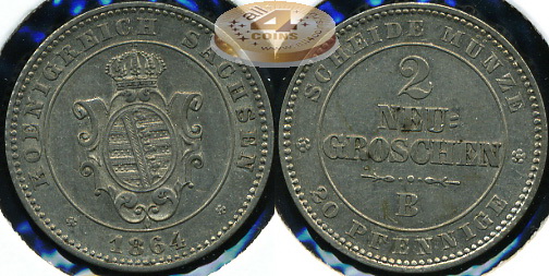 Германия (Саксония). 2 новых грошена (20 пфеннигов). 1864 (Серебро)