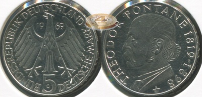 Германия [ФРГ]. Монета 5 марок. 1969.G (Proof-. Серебро) 150 лет со дня рождения Теодора Фонтане