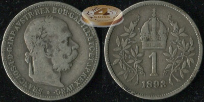 Австро-Венгрия (Австрия). 1 крона. 1893 (VF-. Серебро)