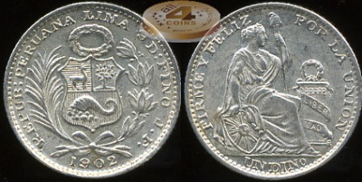 Перу. 1 динеро. 1902 (XF. Серебро)