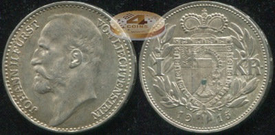 Лихтенштейн. 1 крона. 1915 (aUnc. Серебро)