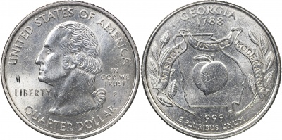 США. Монета 25 центов [Квотер]. 1999.P (KM#296. Unc) Джорджия