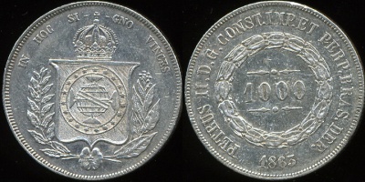 Бразилия. 1000 рейс. 1865 (FX+. Серебро)
